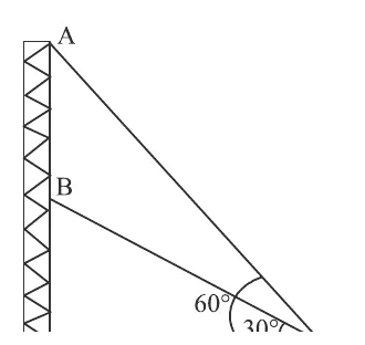 Right-angled figure showing tower foot P, midpoint B (top of lower section B) and apex A (top of upper section A) on a v