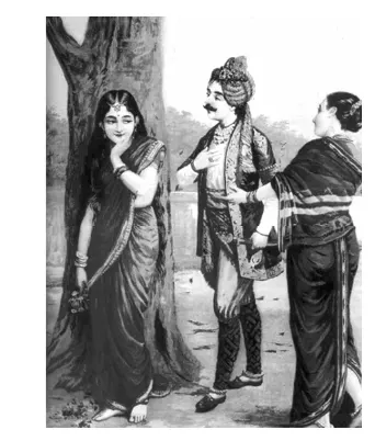 Black-and-white reproduction of a famous painting showing three figures (two women and a man in period costume) near a t