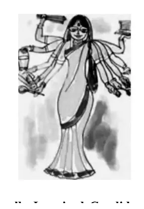 Black-and-white line drawing of a woman in a sari with multiple (8-10) arms, each holding a different object (implements