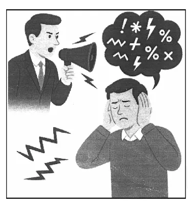 Illustration of communication noise: a man shouting through a megaphone with garbled symbols while the listener covers his ears