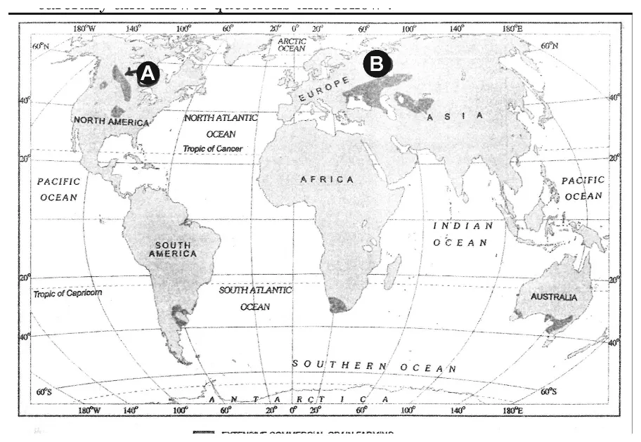 World map showing areas of extensive commercial grain farming with regions A and B marked