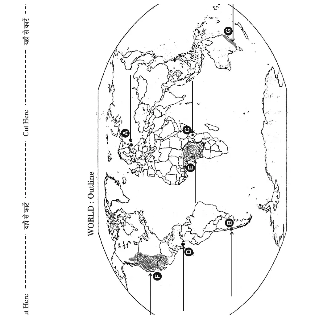 World political outline map with geographical features marked for identification