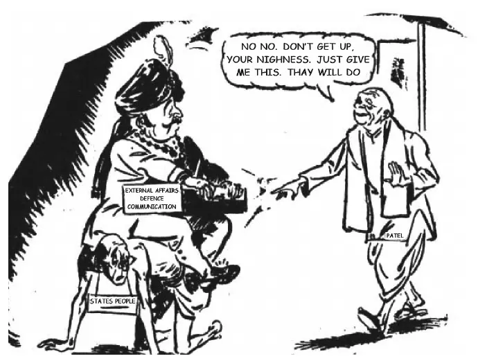 Political cartoon of a prince holding External Affairs, Defence, Communication portfolios seated on States People, with Patel