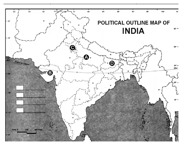 Political outline map of India with four states marked A, B, C and D for identification